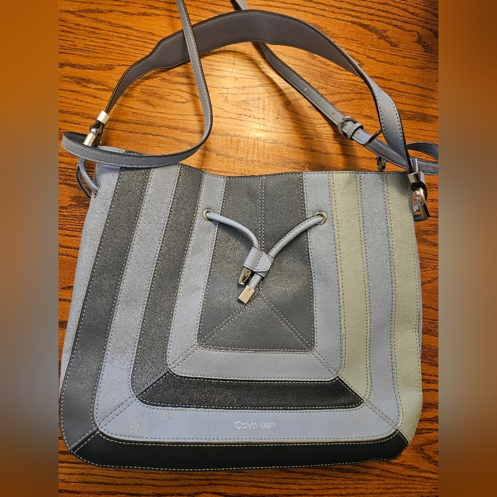 Calvin Klein Gray and blue Harmony Draw String Bucket Bag
